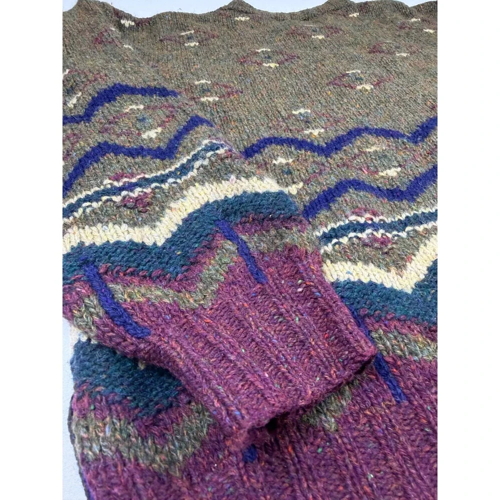 Regatta Sport Vtg 100% Wool Fair Isle Knit Crewneck Sweater Mens XL Green Purple